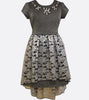 Bonnie Jean silver knit dress with a lace high to low skirt and jewel embellished neckline.