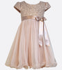 Bonnie Jean blush pink and gold embroidered lace dress with mesh skirt and satin waist bow.