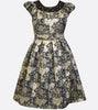 Bonnie Jean black and gold floral brocade dress with cap sleeves and a jewel embellished neckline.