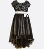 Bonnie Jean black and white high to low dress with floral lace and waist bow.