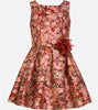 Bonnie Jean pink and red floral brocade dress with princess seams and pleated skirt.