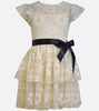 Bonnie Jean ivory stretch lace dress with multi-tiered skirt and black waist bow.